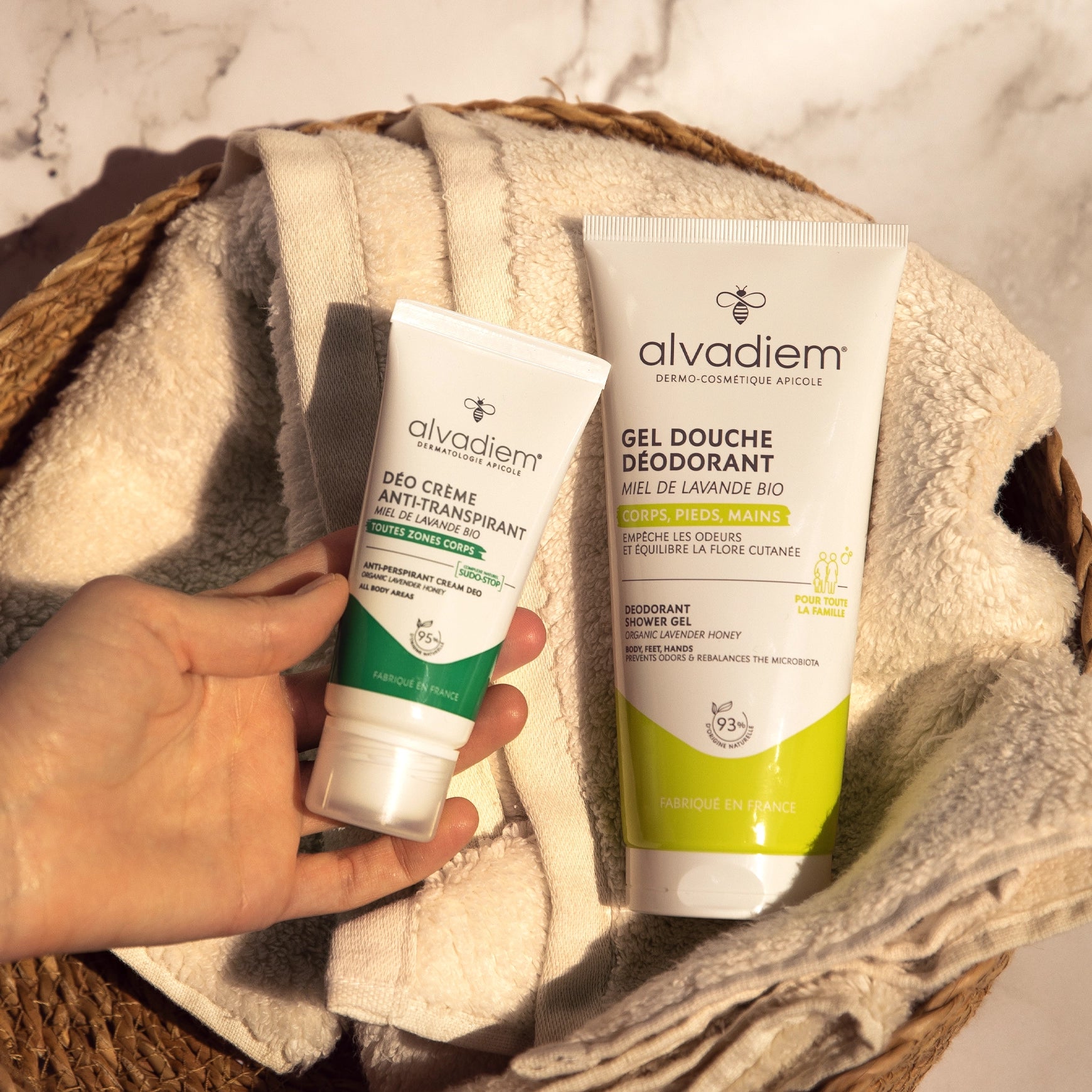 Routine fraîcheur longue durée Alvadiem avec déo crème anti-transpirant et gel douche déodorant