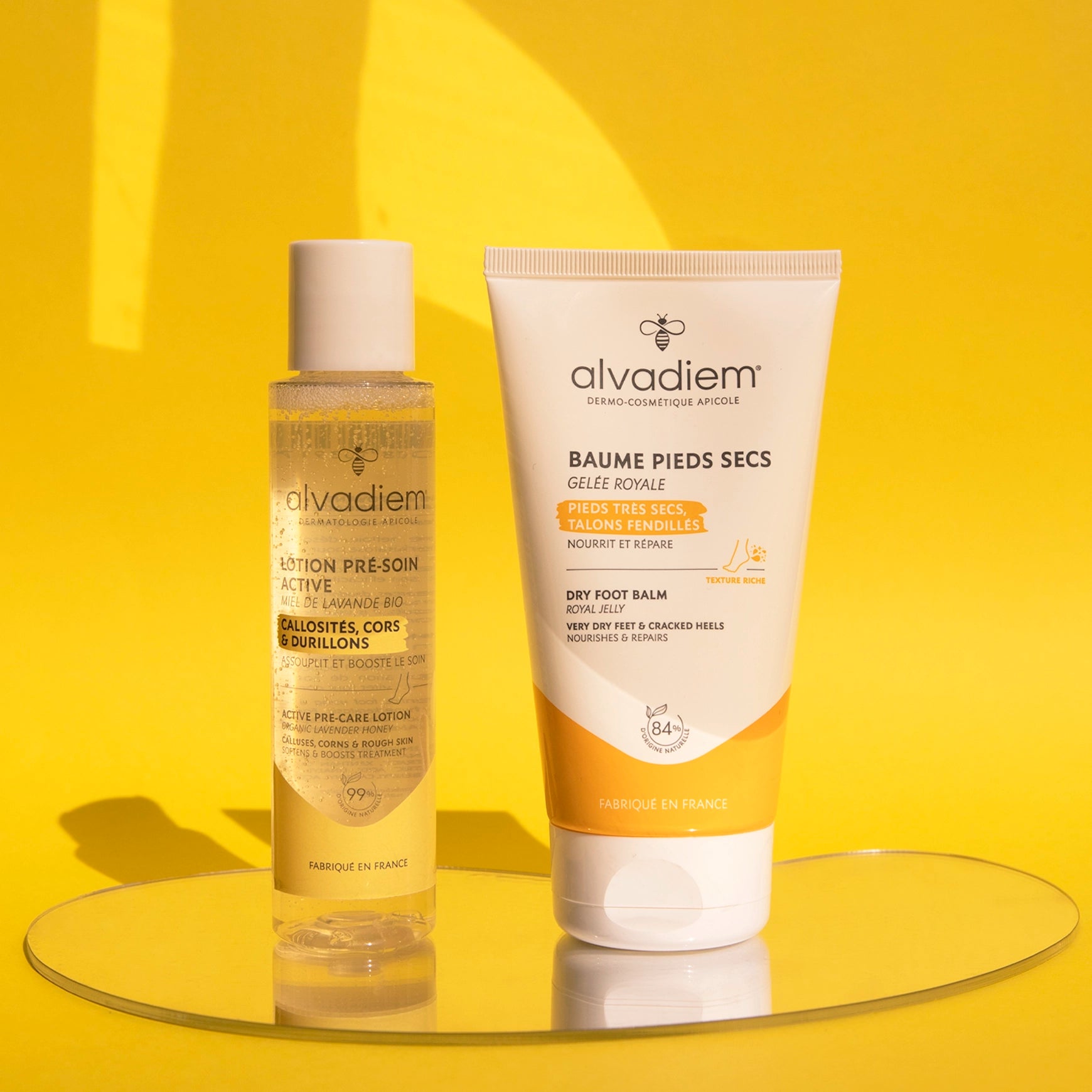 Routine pieds secs Alvadiem avec lotion pré-soin active et baume nourrissant pieds secs