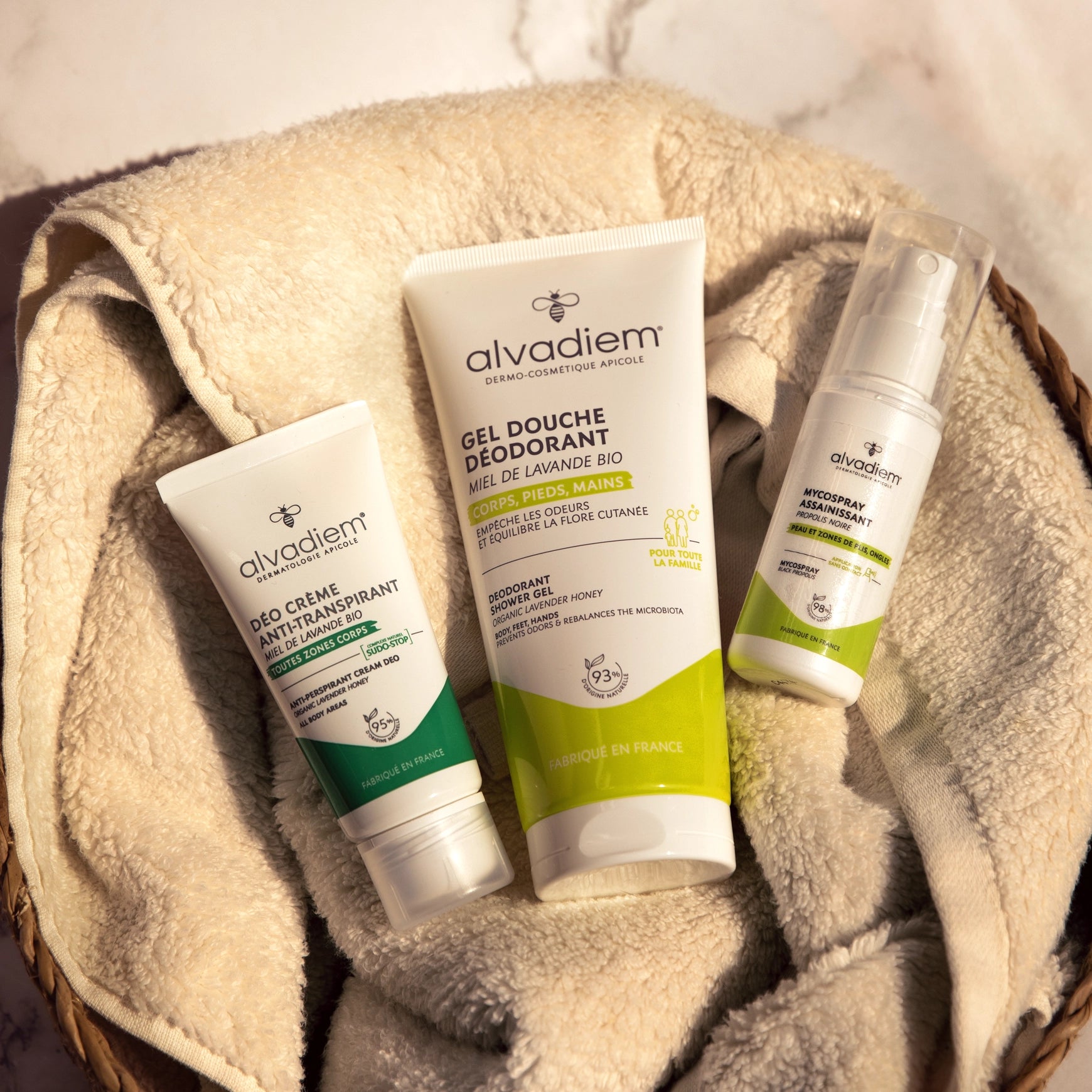 Routine protection & fraîcheur Alvadiem avec déo crème anti-transpirant, gel douche déodorant et Mycospray assainissant