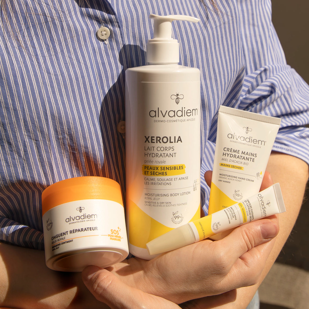Rituel complet Alvadiem mamans avec lait corps Xerolia, crème mains, onguent réparateur et soin ongles