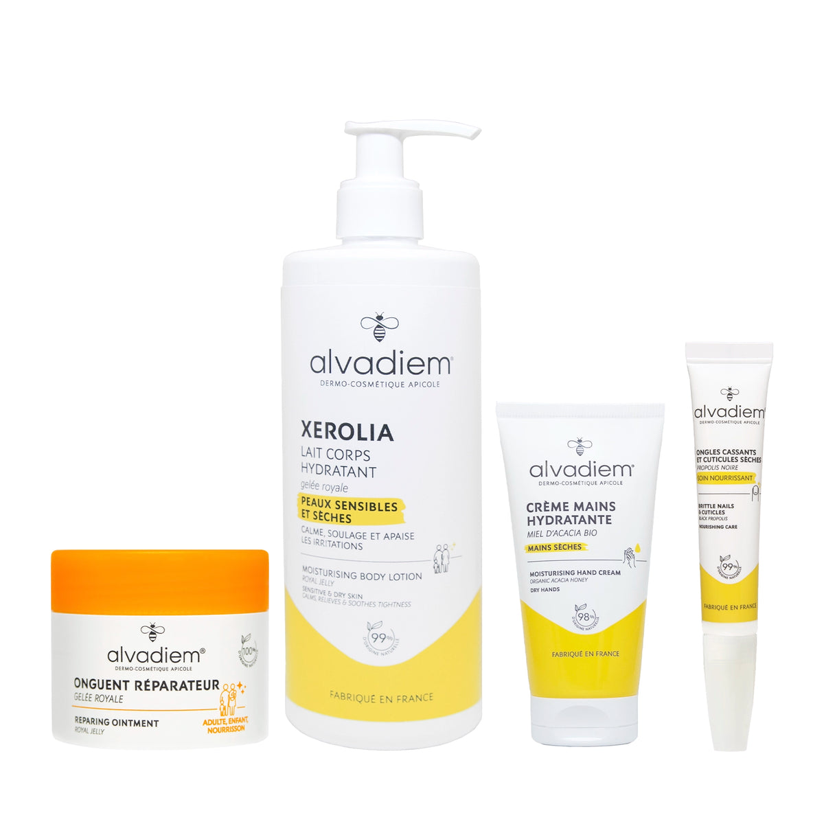 Pack Alvadiem complet avec lait corps Xerolia 400ml, crème mains hydratante, onguent réparateur et soin ongles