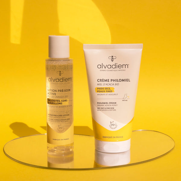 Routine douceur des pieds Alvadiem avec lotion pré-soin active et crème Philomiel douceur pieds