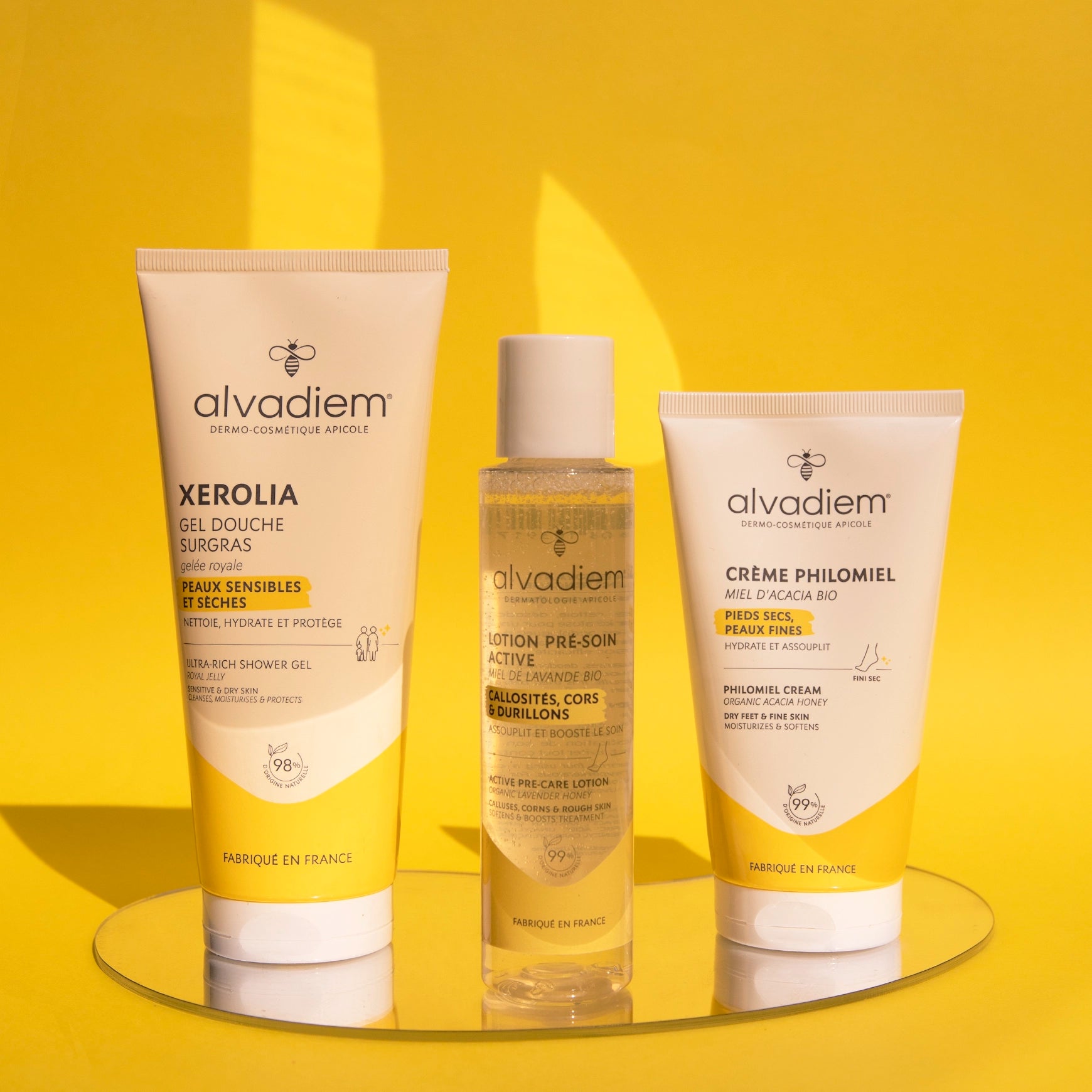 Routine hydratation complète Alvadiem avec gel douche surgras Xerolia, lotion pré-soin active et crème pieds Philomiel
