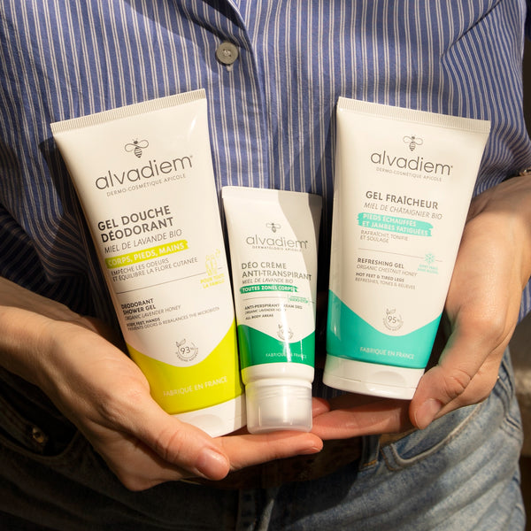 Rituel fraîcheur Alvadiem pour mamans actives avec gel douche déodorant, déo crème et gel fraîcheur jambes
