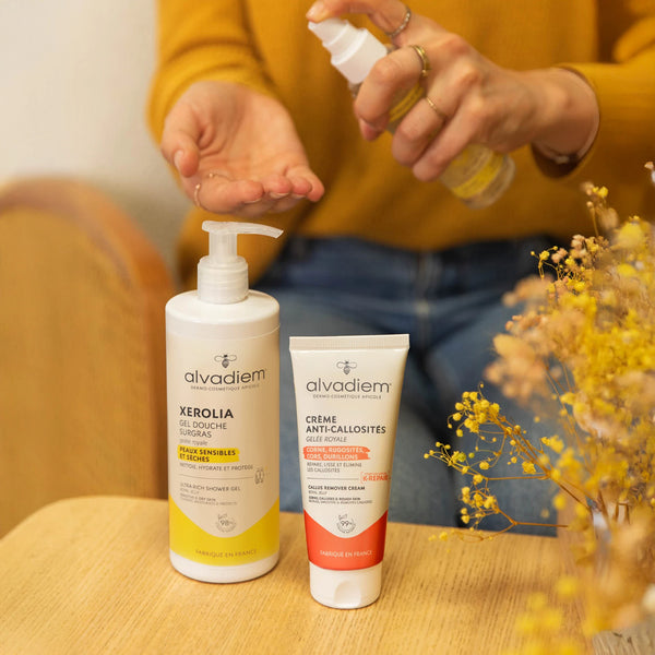 Rituel été Alvadiem pour mamans avec gel douche Xerolia, huile sèche nourrissante et crème anti callosités pieds
