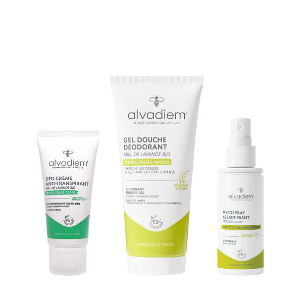 Pack Alvadiem avec déo crème anti-transpirant 50ml, gel douche déodorant 200ml et Mycospray assainissant 50ml