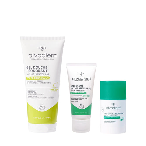 Pack déodorant Alvadiem avec déo crème anti-transpirant 50ml, gel douche déodorant 200ml et déo stick 48h 50g