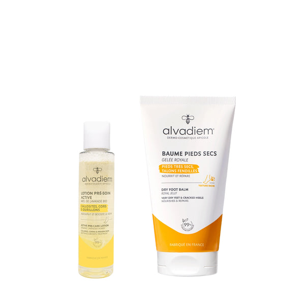 Pack pieds secs Alvadiem avec lotion pré-soin active 100ml et baume pieds secs 150ml