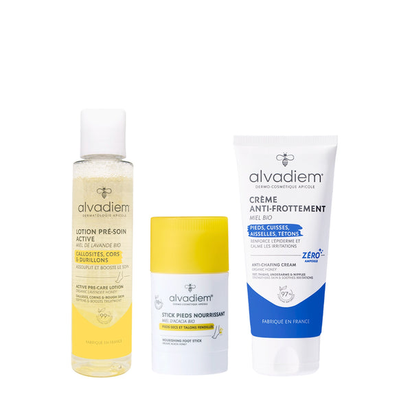 Pack Alvadiem beaux pieds avec lotion pré-soin, stick pieds nourrissant et crème anti-frottement