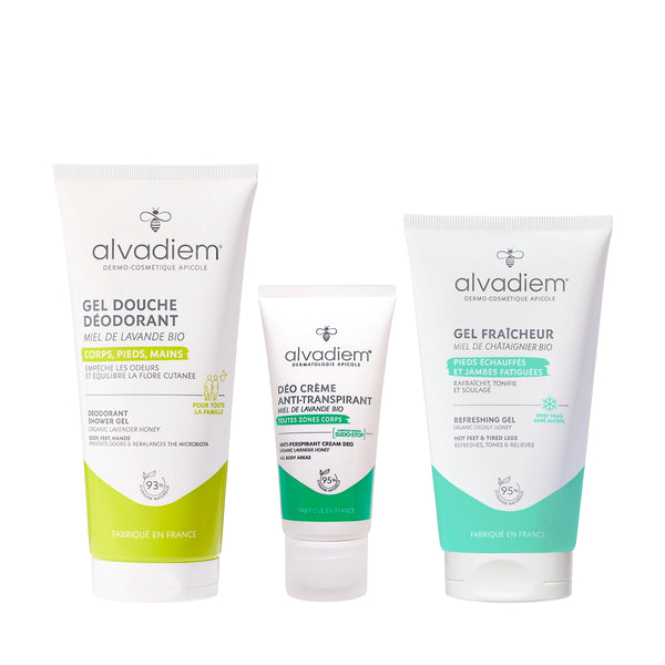 Pack Alvadiem rituel fraîcheur avec gel douche déodorant, déodorant crème anti-transpirant et gel fraîcheur bio