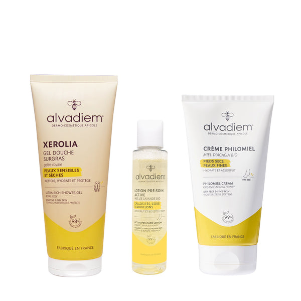 Pack hydratation Alvadiem avec gel douche surgras Xerolia 200ml, lotion pré-soin 100ml et crème pieds Philomiel 150ml