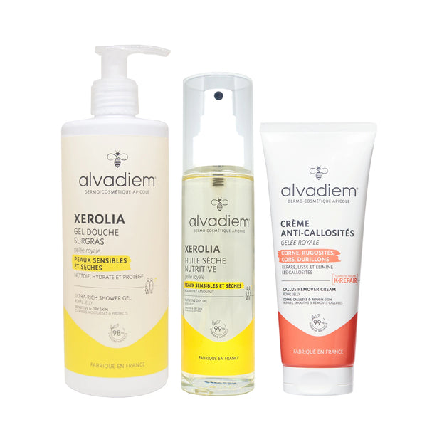 Pack Alvadiem été Xerolia avec gel douche 400ml, huile sèche 100ml et crème anti callosités 75ml pour pieds secs